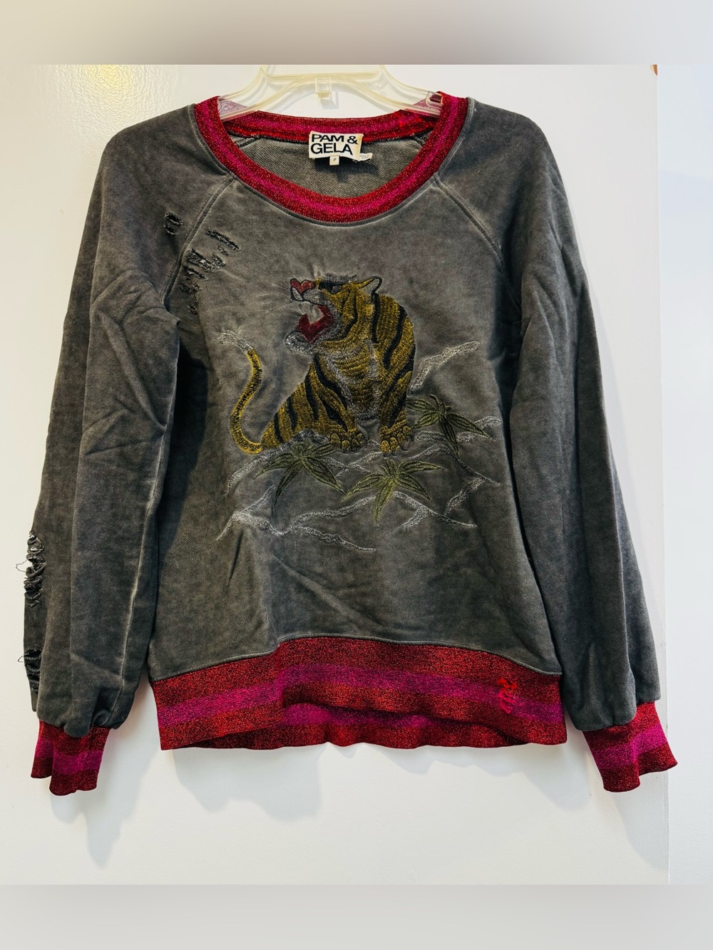 Pam & Gela Women's Gray Tiger Embroidered Sweatshirt with Red metallic Trim